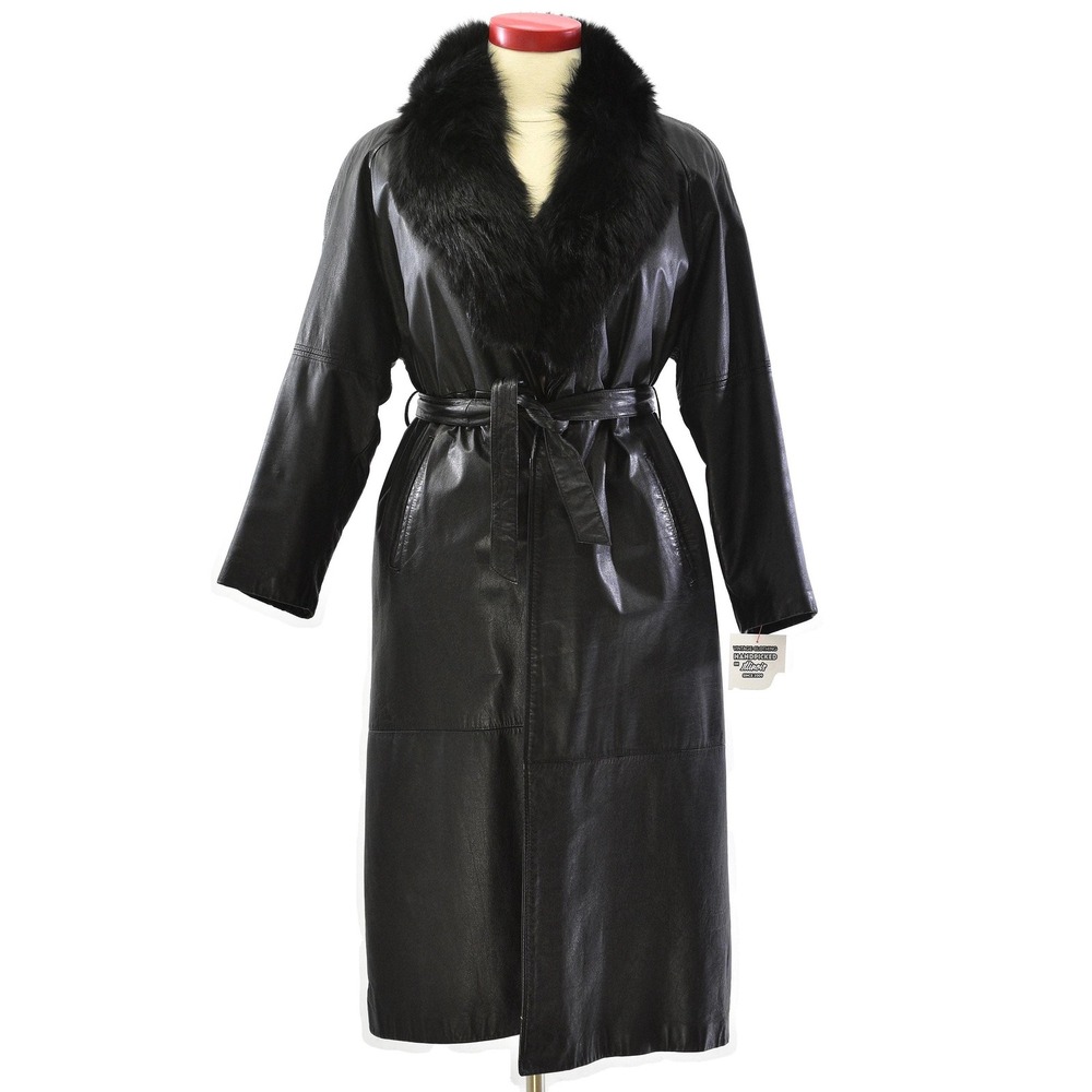 70s Vintage Black Leather Wrap Coat w. Rabbit Fur Shawl Collar Womens L